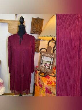 DKNY Maroon Ruffled Crinkle Chiffon Sheer Balloon Sleeve Midi Dress Sz 6 Classy